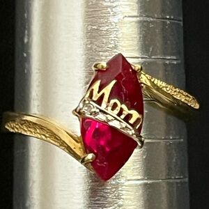 Vtg. 10k Gold MOM Ring Marquise Lab Created Ruby Solitaire Diamond Accent size 7